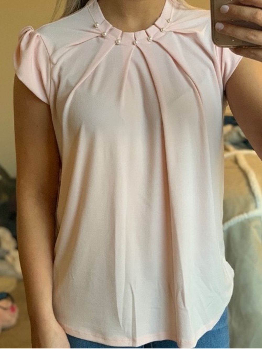 ◾️NEW! ELLE Pleated Pearl-Accent Cap-Sleeve Top - Light Pink